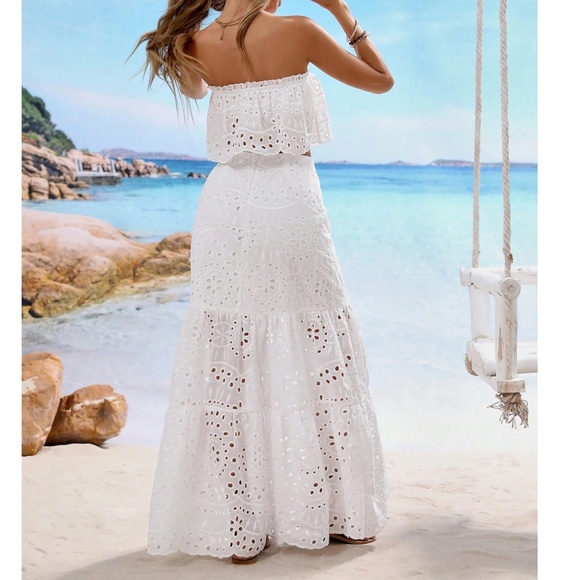 Boho White Eyelet Embroidered Crop Top Maxi Skirt Set - Picture 3 of 6